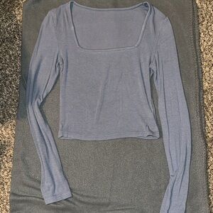 Blue-Gray Fitted Crop Blouse with Long Sleeves